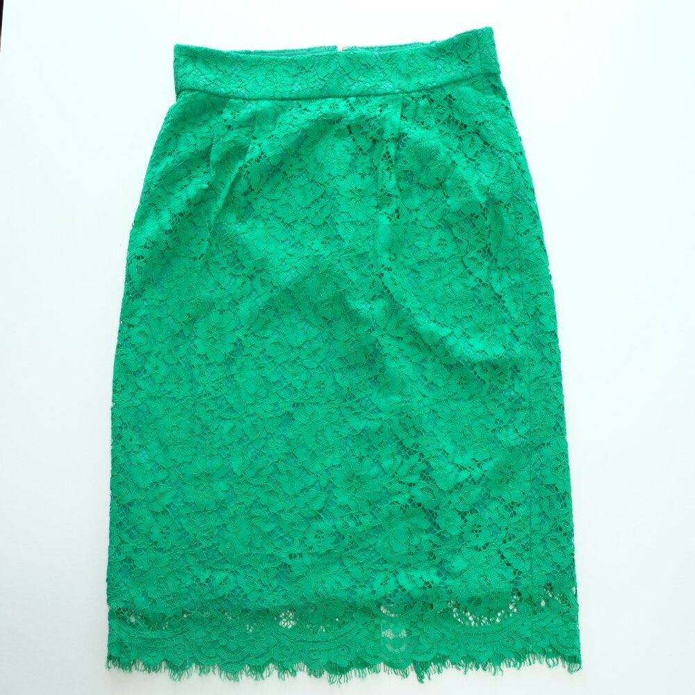 J. Crew Green Pintucked Pencil Skirt Lace size 2 - Picture 2 of 9